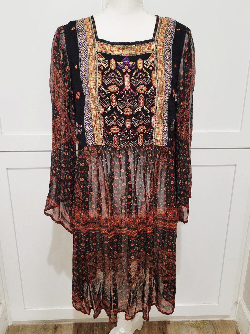 Anthropologie Akemi + Kin Boho Beaded Black Floral Sheer Maxi Dress | M